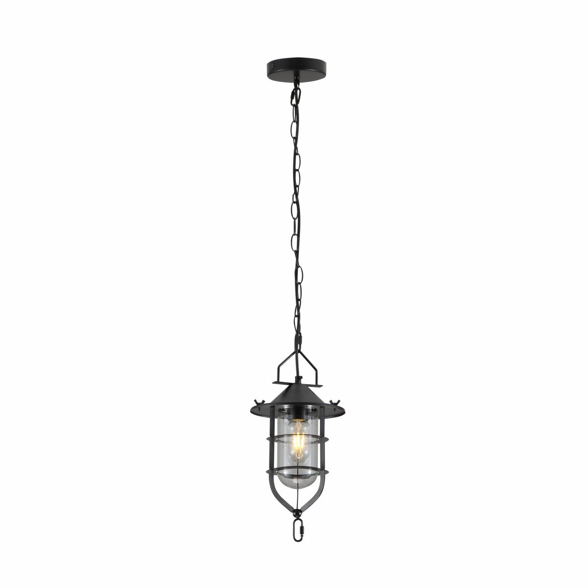 Main image of Black Nautical Industrial Caged Flat Shade Small Glass Metal Ceiling Pendant Light with E27 Fitting | TEKLED 150-18370