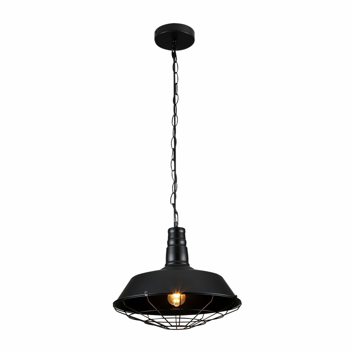 Industrial style pendant light with a black shade and chain. Perfect for adding a vintage touch to any room.