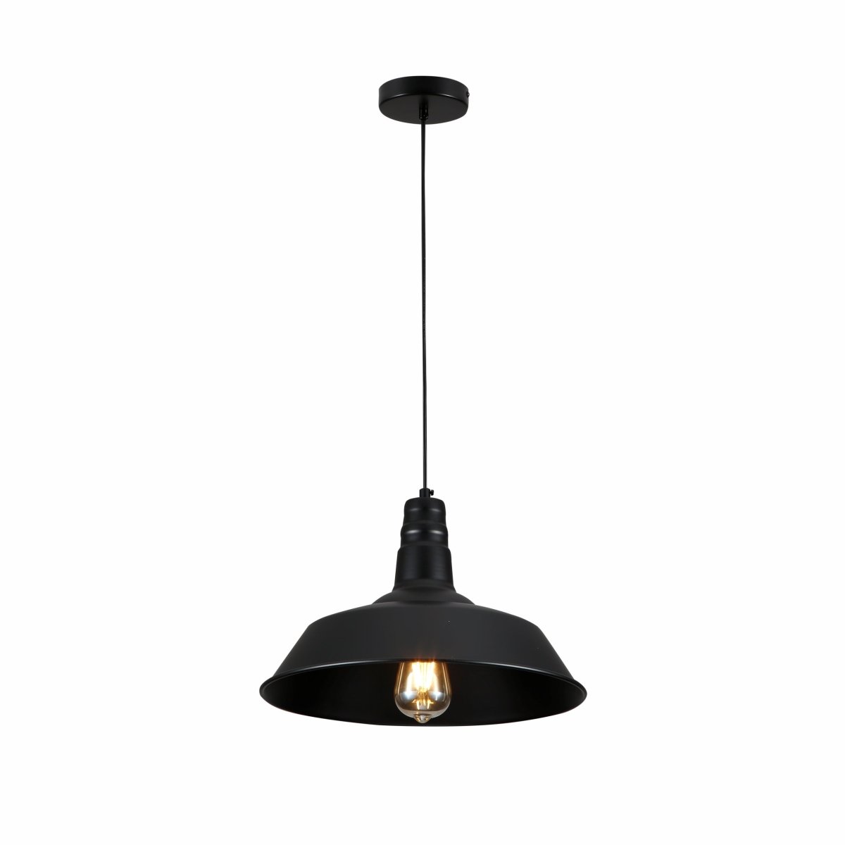 A black metal pendant light with a lampshade and Edison-style bulb, suspended from the ceiling by a thin cord.