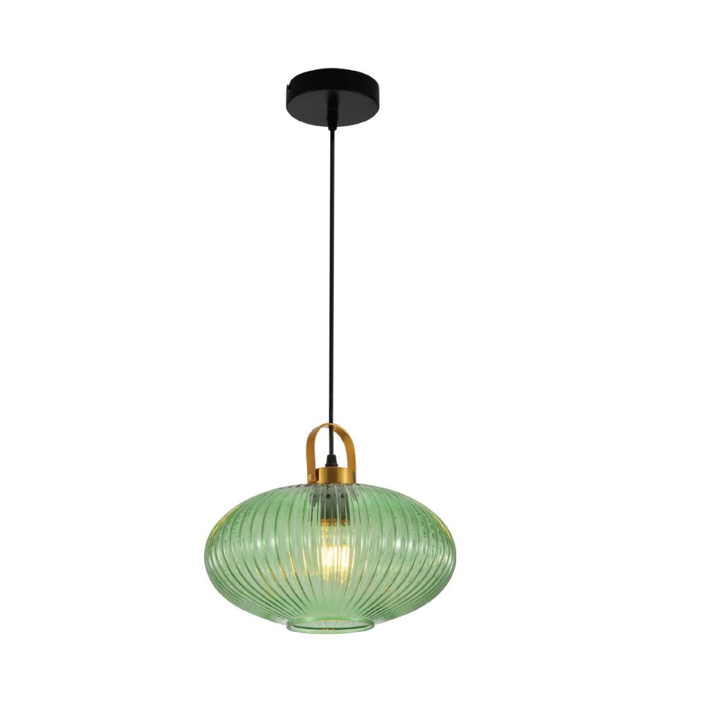 Main image of Sawyer Ribbed Fluted Reeded Maloto Lantern Green Glass Pendant Ceiling Light E27 Gold Handled | TEKLED 150-18706
