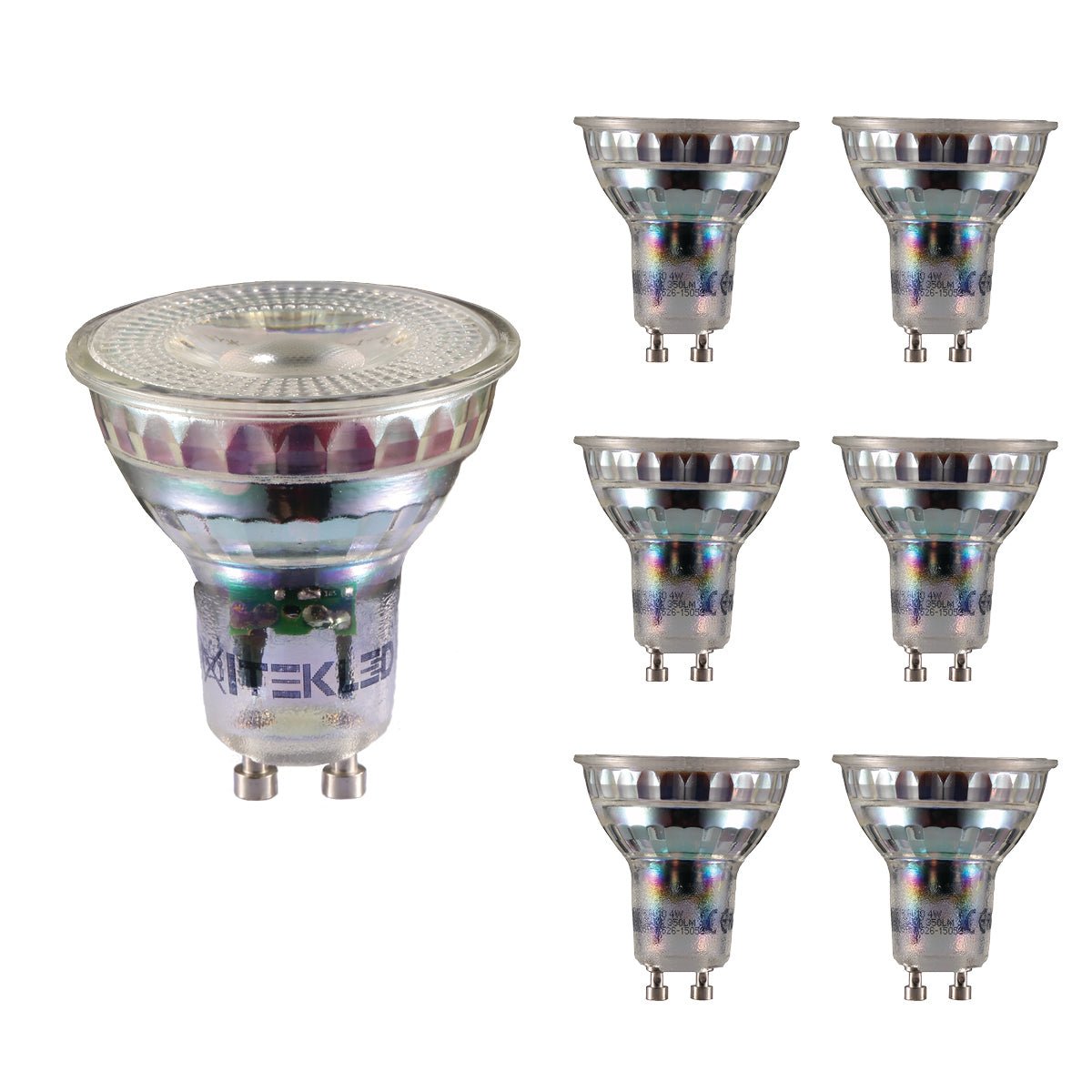 Six LED bulbs with a silver finish on a white background. Energy-efficient lighting for the modern home.
