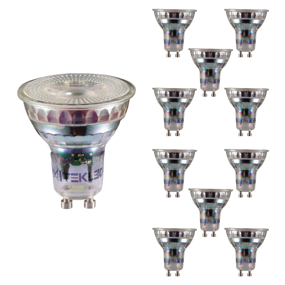 Display of ten shiny LED lightbulbs on a stark white background, ideal for energy-efficient home lighting solutions.