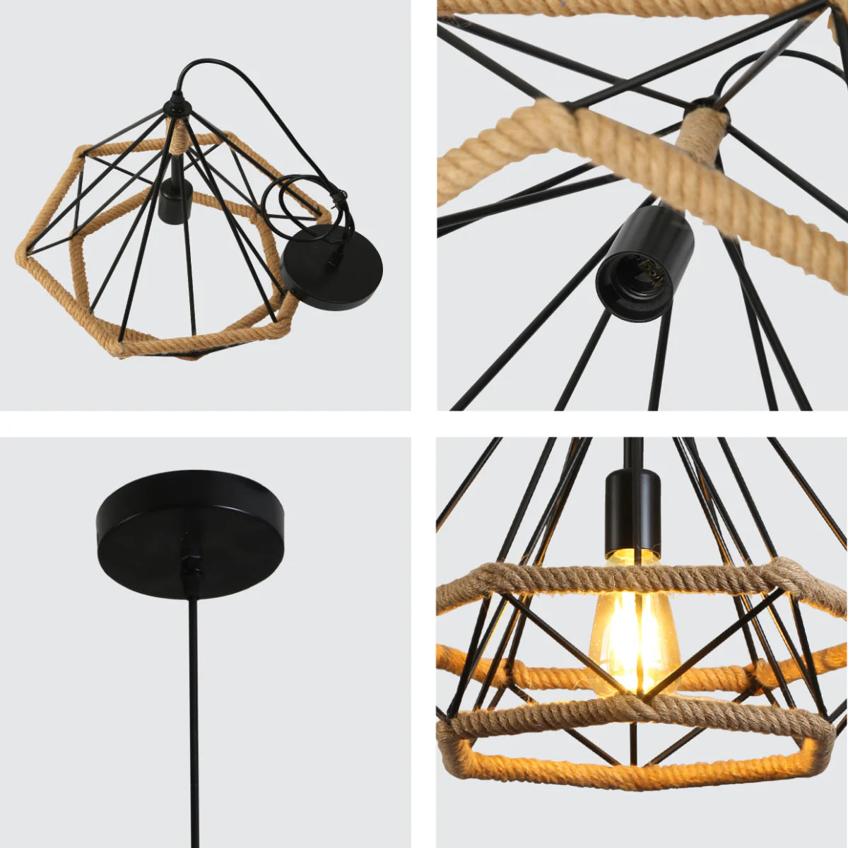 Close shots of Manila Hemp Rope Diamond Pendant Light Black E27 159-18122