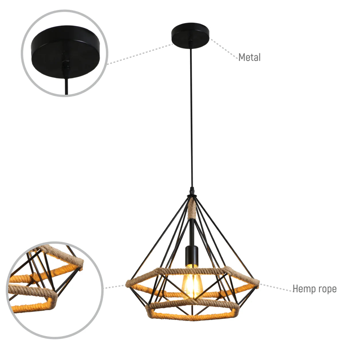 Lighting properties of Manila Hemp Rope Diamond Pendant Light Black E27 159-18122