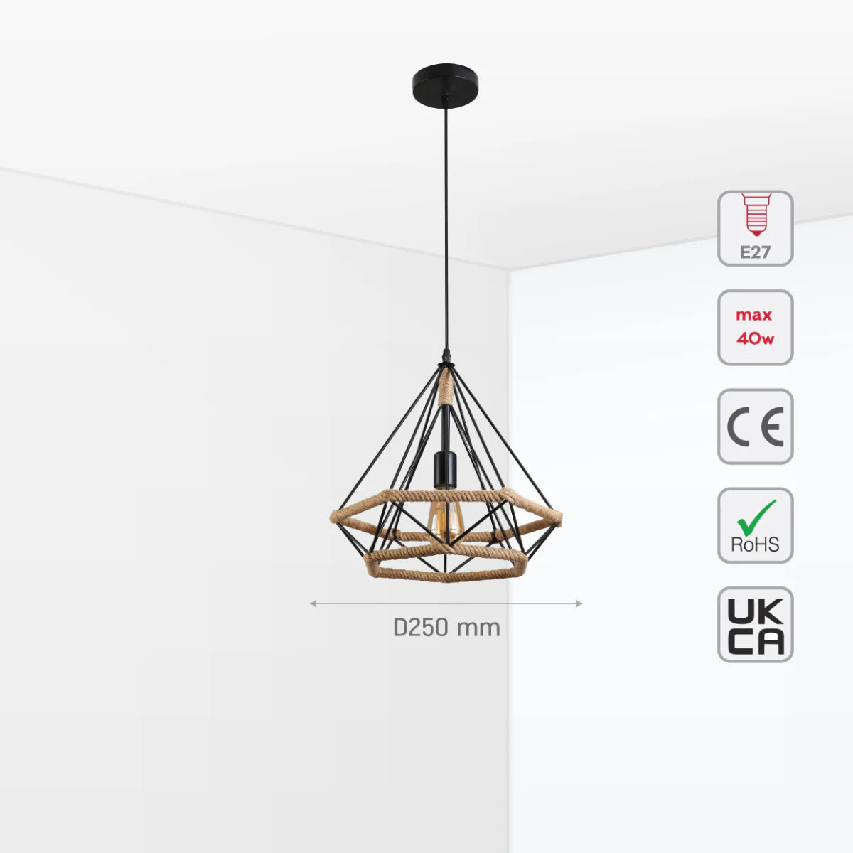 Size and certifications of Manila Hemp Rope Diamond Pendant Light Black E27 159-18122