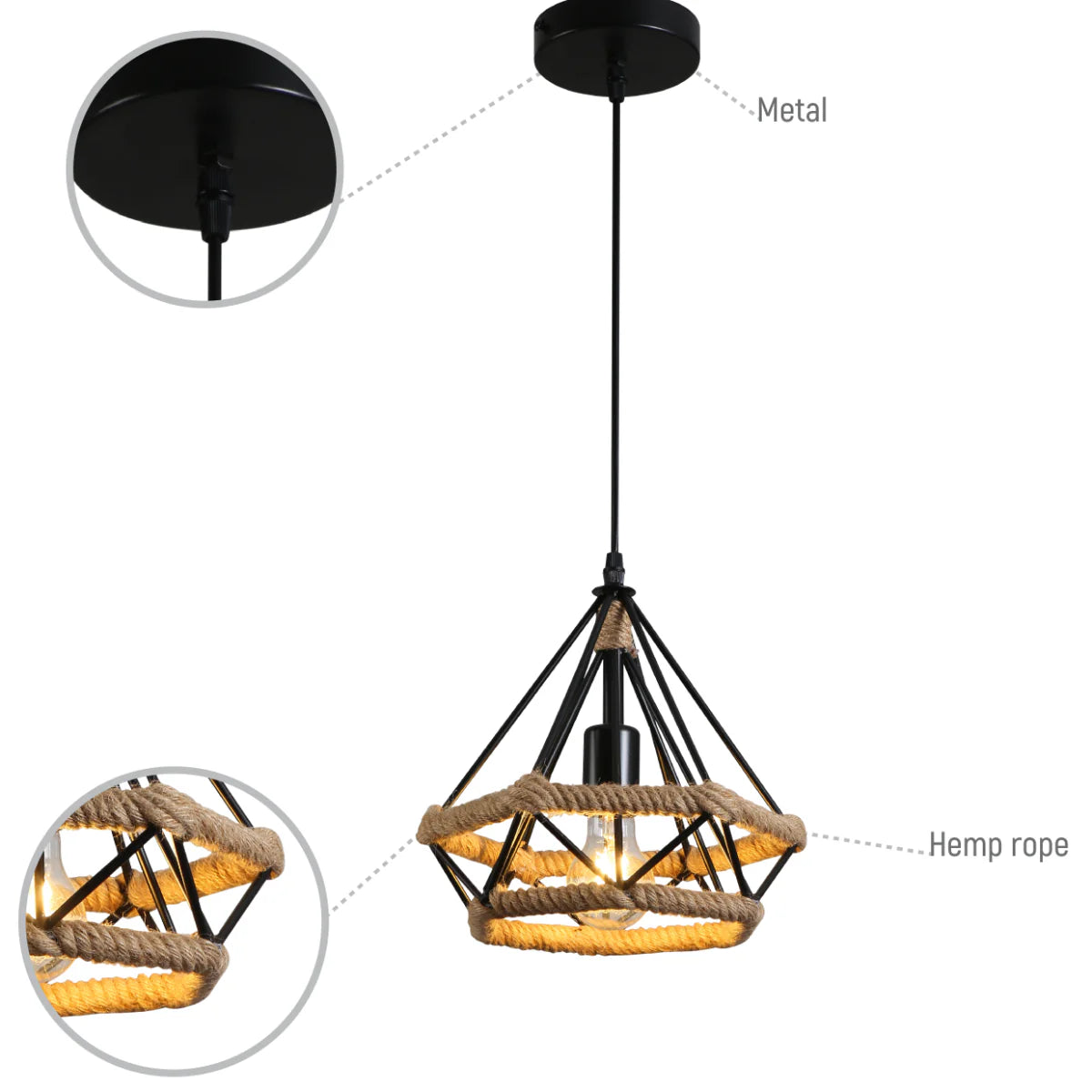 Lighting properties of Manila Hemp Rope Diamond Pendant Light Black E27 159-18123