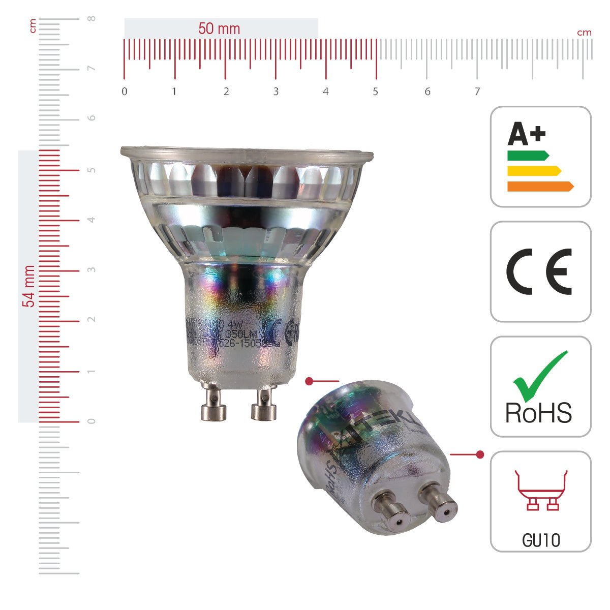An LED GU10 spotlight bulb, showcased alongside dimensions and energy efficiency certifications. A modern lighting option.