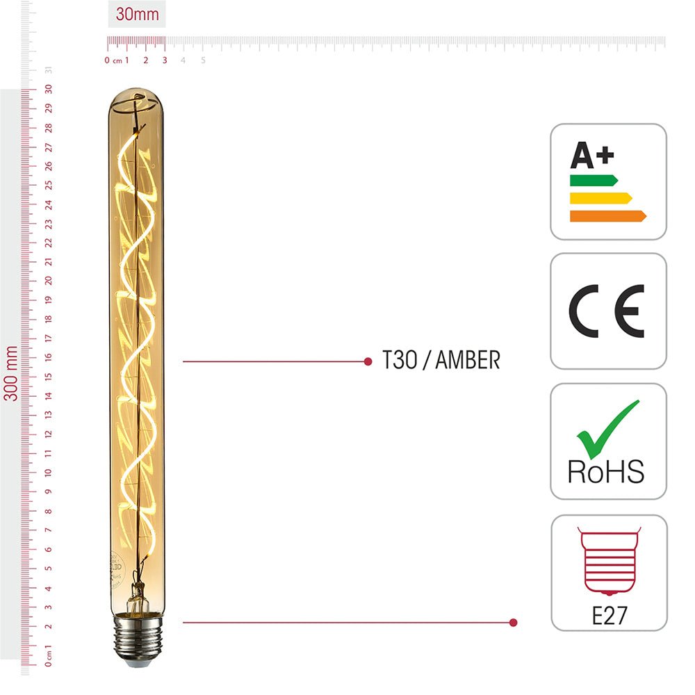 Visual representation of product measurement and certification of led filament bulb tubular t30 e27 edison screw 4w 230lm warm white 2500k amber 300mm pack of 4