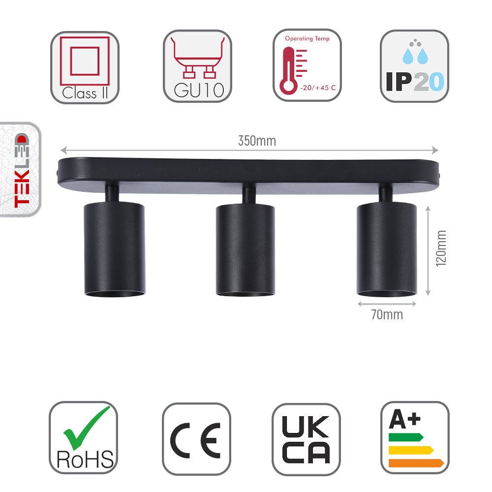 Size and specs of 3-way Spotlight Black Linear Canopy with GU10 Fitting | TEKLED 172-03032