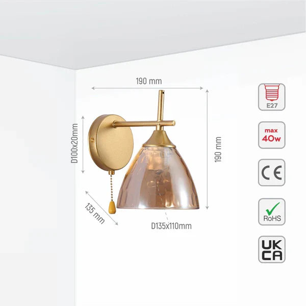 Modern Cone Glass Wall Light E27 with Pull Down Switch