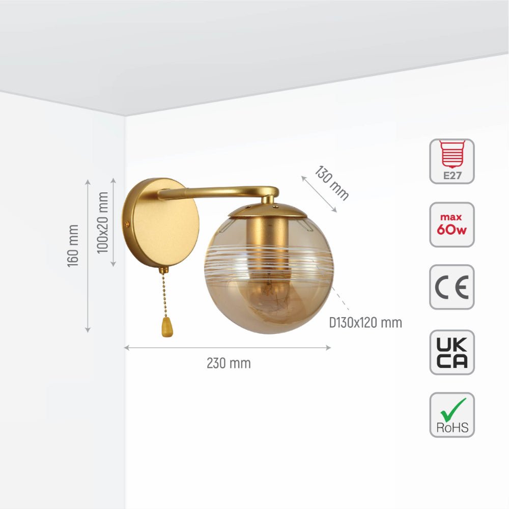 Size and specs of Amber Globe Glass Gold Ellipse Metal Body Modern Wall Light with Pull Down Switch E27 Fitting | TEKLED 151-19784