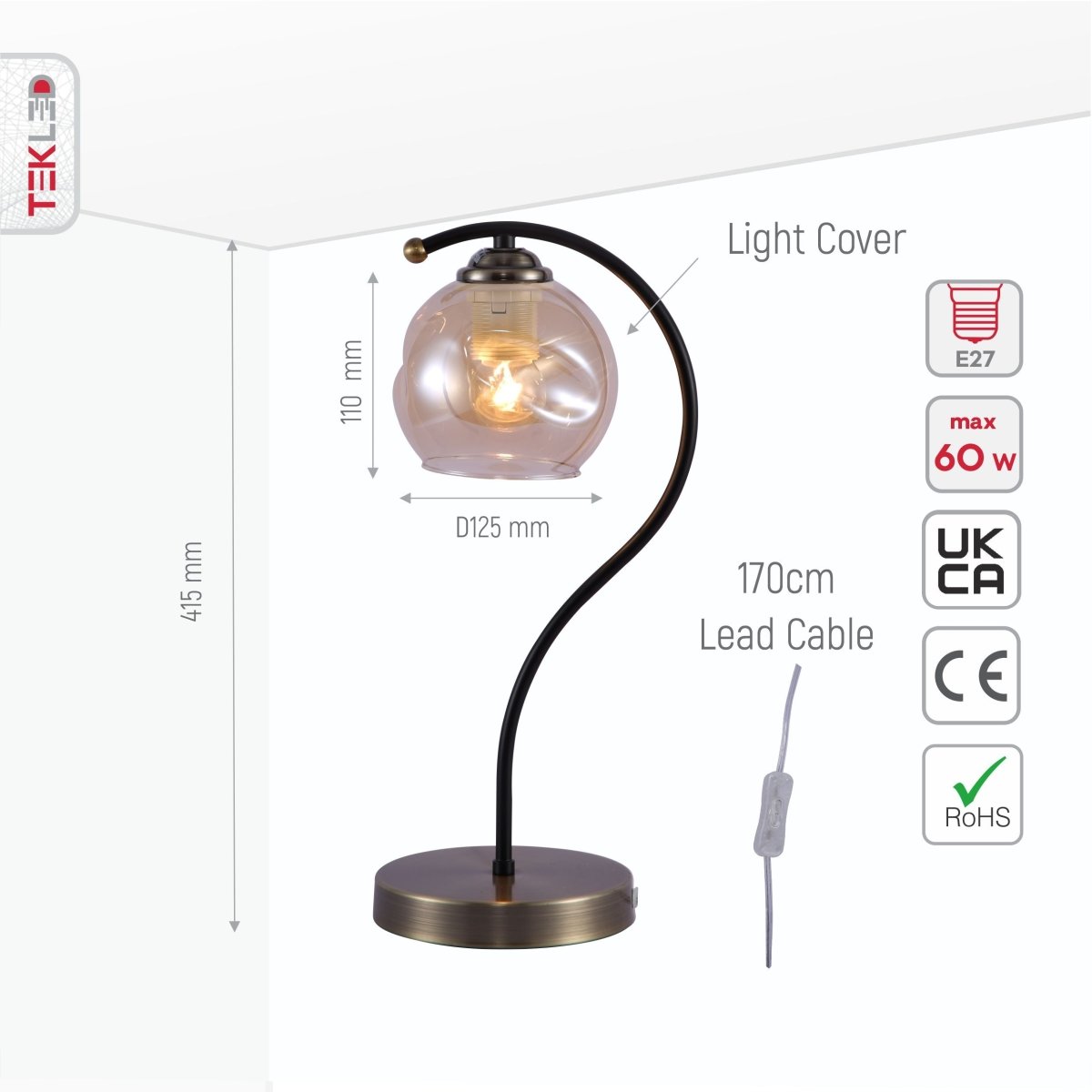 Size and specs of Black Antique Brass Metal Amber Globe Table Lamp with E27 Fitting | TEKLED 151-19686