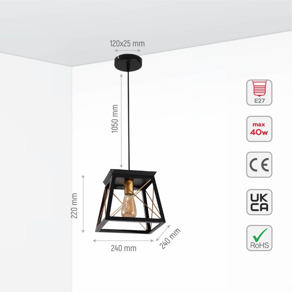 Size and specs of Black Gold Caged Industrial Retro Square Pendant Ceiling Light with E27 | TEKLED 159-17862
