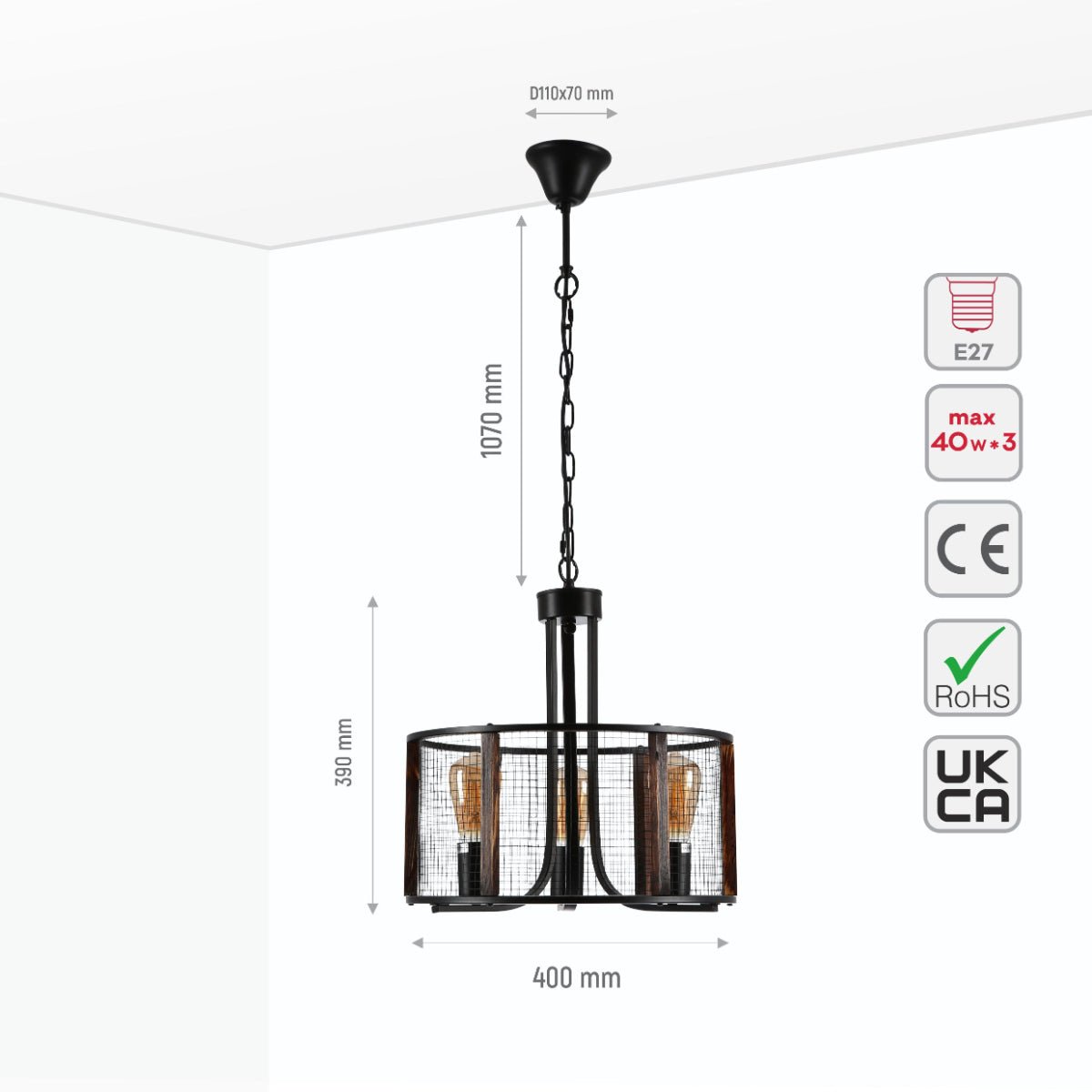 Size and specs of Black Metal Natural Wood Cylinder Cage Pendant Ceiling Light with 3xE27 | TEKLED 156-19530