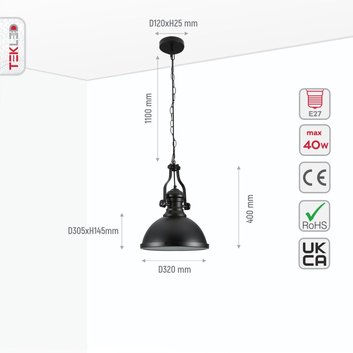 Size and specs of Black Nautical Industrial Caged Dome Shade Glass Metal Ceiling Pendant Light with E27 Fitting | TEKLED 150-18372