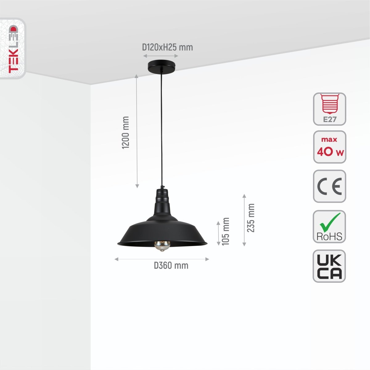 Stylish black pendant light fixture with dimensions and specifications labeled for easy reference.