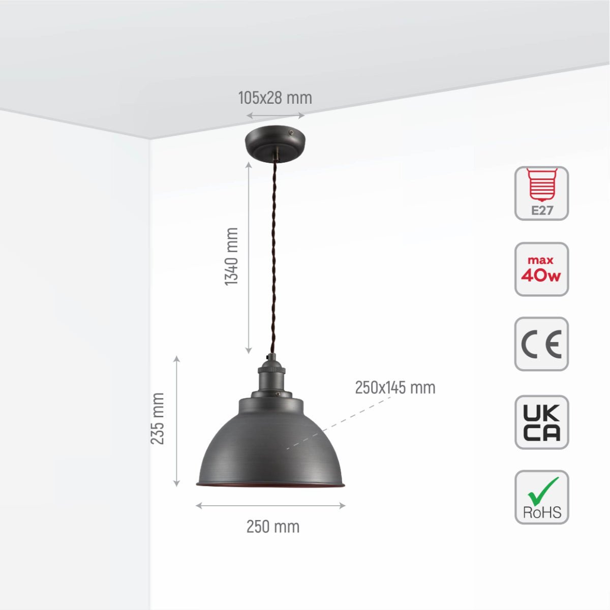Size and specs of Brooklyn Vintage Metal Dome Pendant Light Pewter Copper Bronze E27 | TEKLED 150-18203