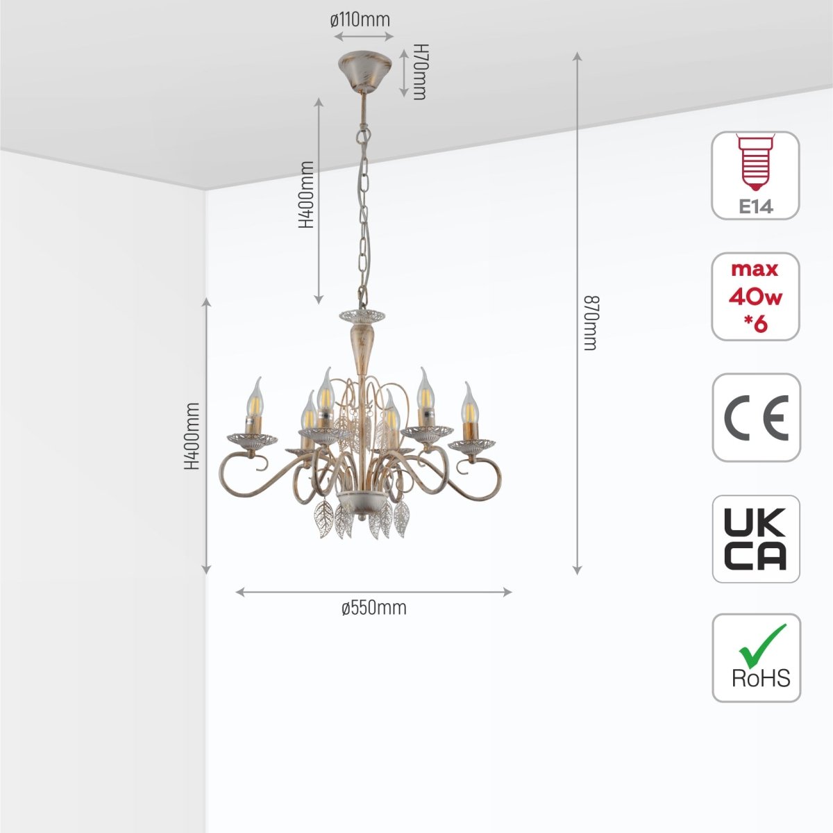 Size and specs of Candle French Mediterian Leaf Traditional Vintage Gold Patinated White Ceiling Light with 3xE14 Fittings | TEKLED 158-19096