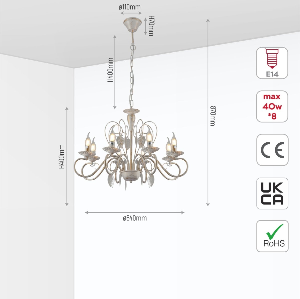 Size and specs of Candle French Mediterian Leaf Traditional Vintage Gold Patinated White Ceiling Light with 3xE14 Fittings | TEKLED 158-19098