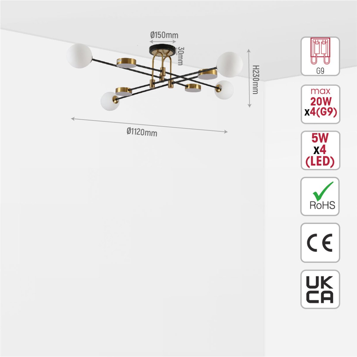 Size and specs of Contemporary Hybrid Sputnik Modern Chandelier with 20W Built-in LED and 4xG9 Opal Globes Gold Black Finishing | TEKLED 159-17548