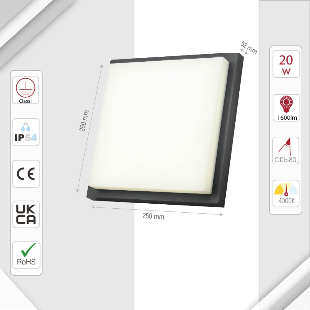 Size and specs of LED Diecast Aluminium Modern Square Wall Lamp 20W Cool White 4000K IP54 Anthracite Grey 250mm | 183-03308