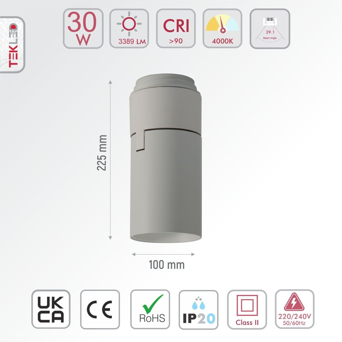 Size and specs of LED Surface-Recesssed Rotatable Downlight H-190 30W Cool White 4000K White | TEKLED 174-03849