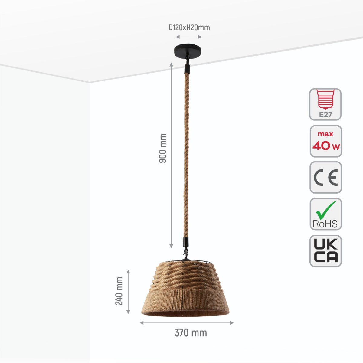 Size and specs of Farmhouse Rustic Metal Body Hemp Rope Shade Pendant Ceiling Light with E27 | TEKLED 150-18094