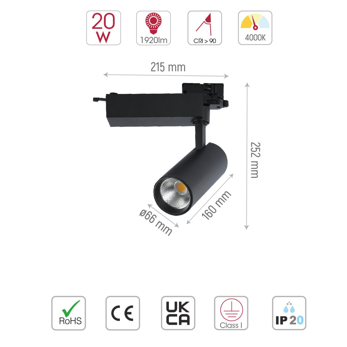 Size and specs of Tracklight 5-wire 3-Line 20W Cool White 4000K Black Body | TEKLED 174-039904