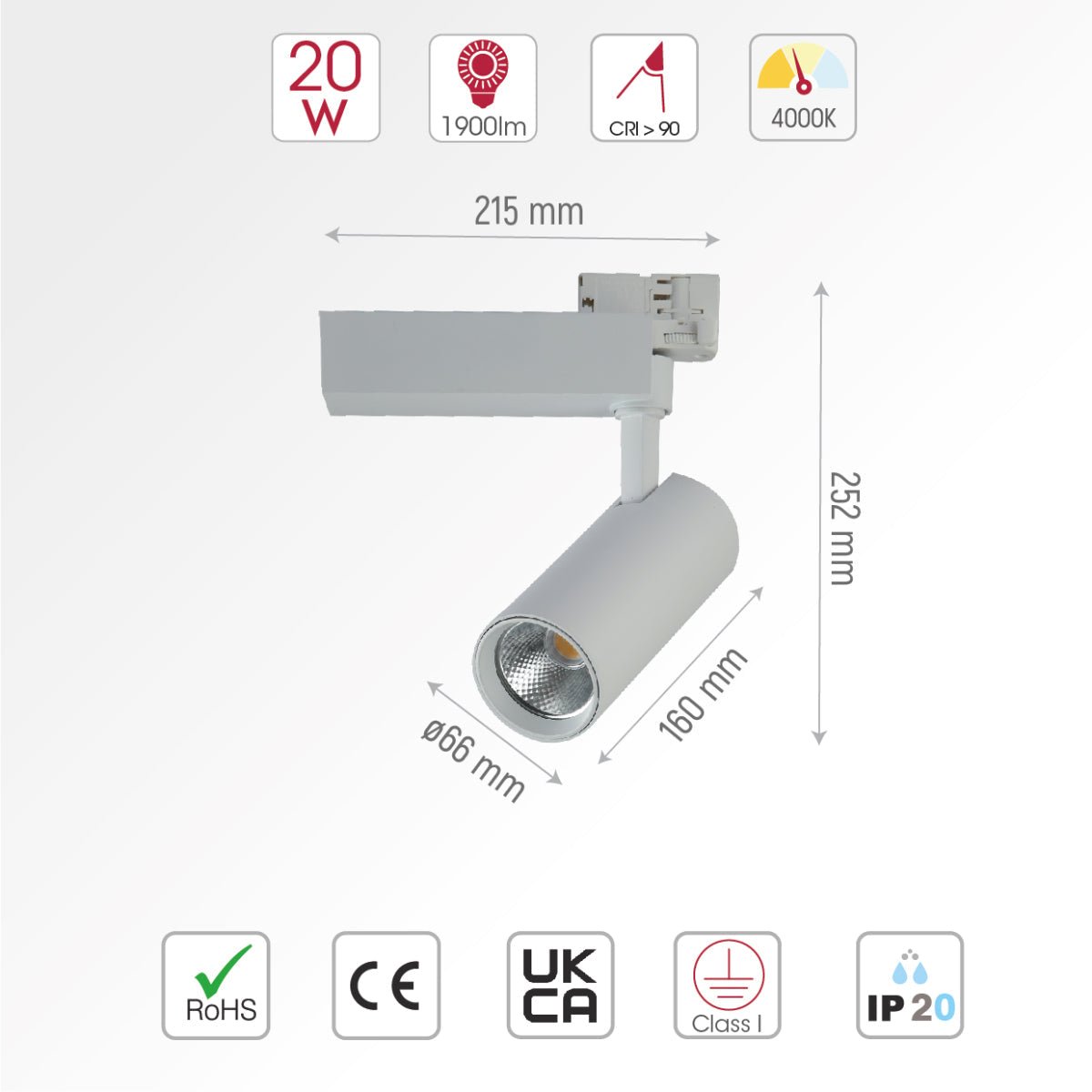 Size and specs of Tracklight 5-wire 3-Line 20W Cool White 4000K White Body | TEKLED 174-039901