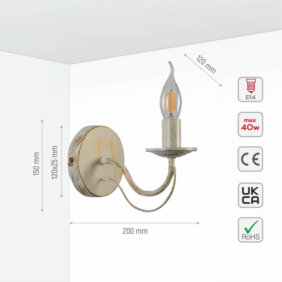 Size and specs of White Rice Metal Wall Light with E14 Fitting | TEKLED 151-19814