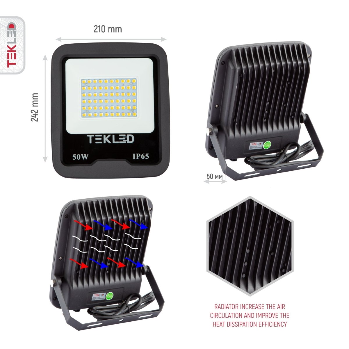 Measuremnets and closeup images for LED Floodlight SMD 3030 Uk 50W Cool White 4000K IP65