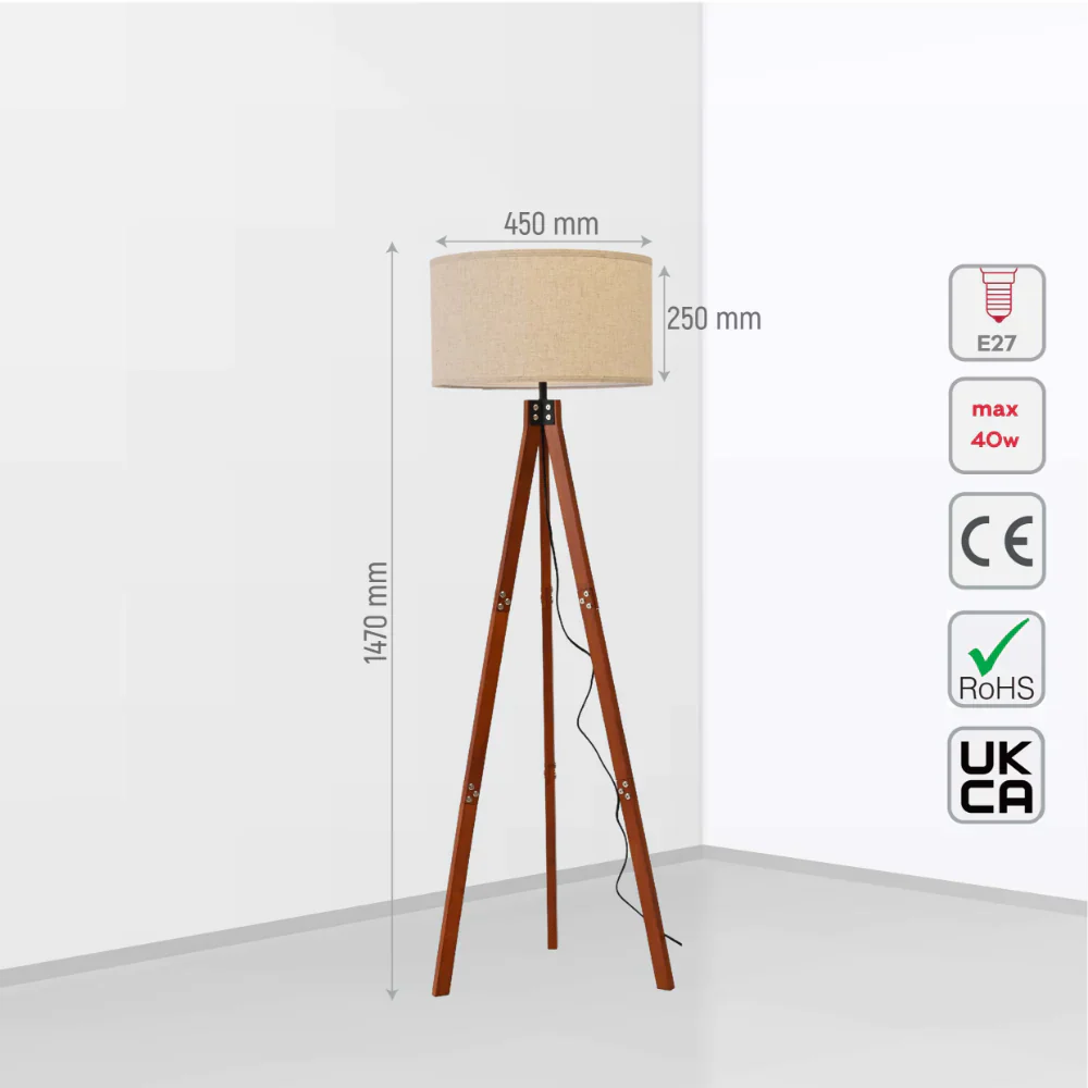 Size and tech specs of Mid-century Wooden Tripod Vintage Floor Lamp Dark Brown Flaxen | TEKLED 130-03516