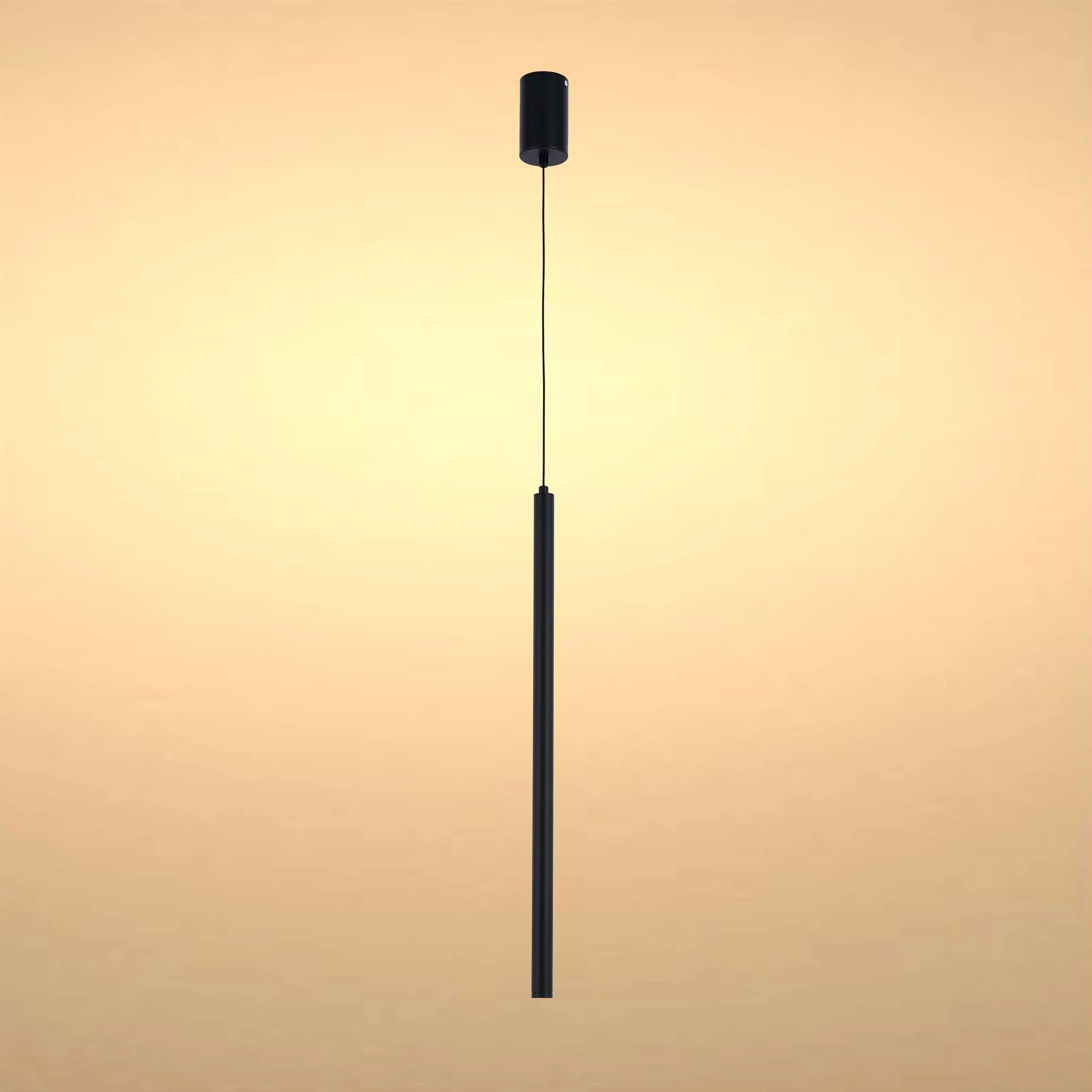 Sleek, modern pendant light in black. Suspended from a single cord, it emits a warm, inviting glow.