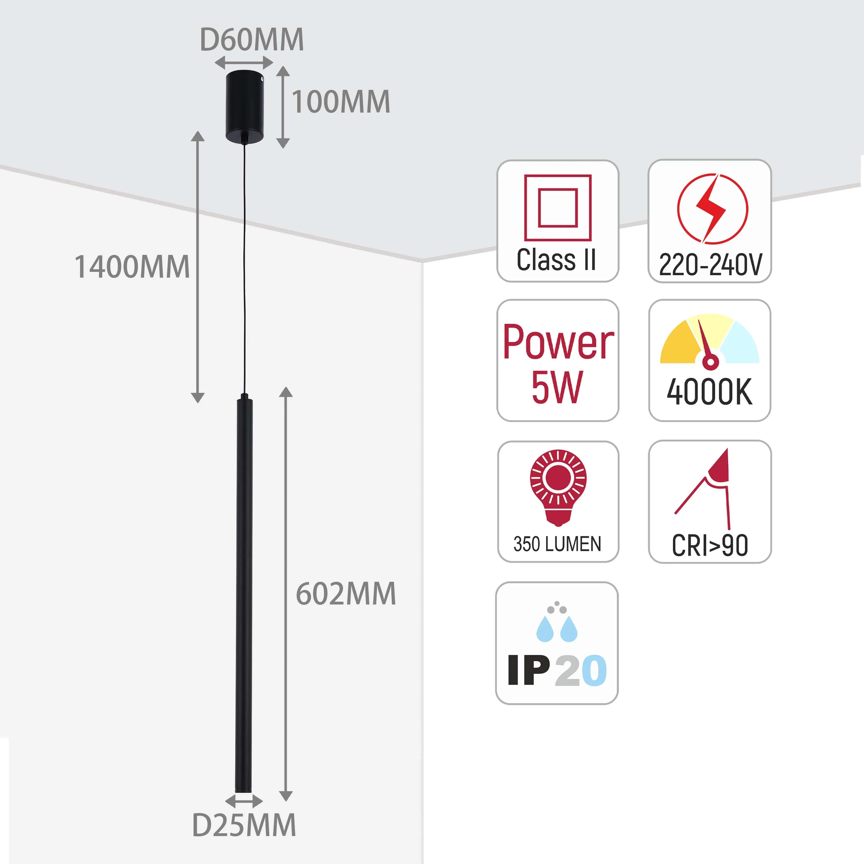 A suspended light with a cylindrical shade, the light boasts a D60MM width, 100MM height and 1400MM drop.