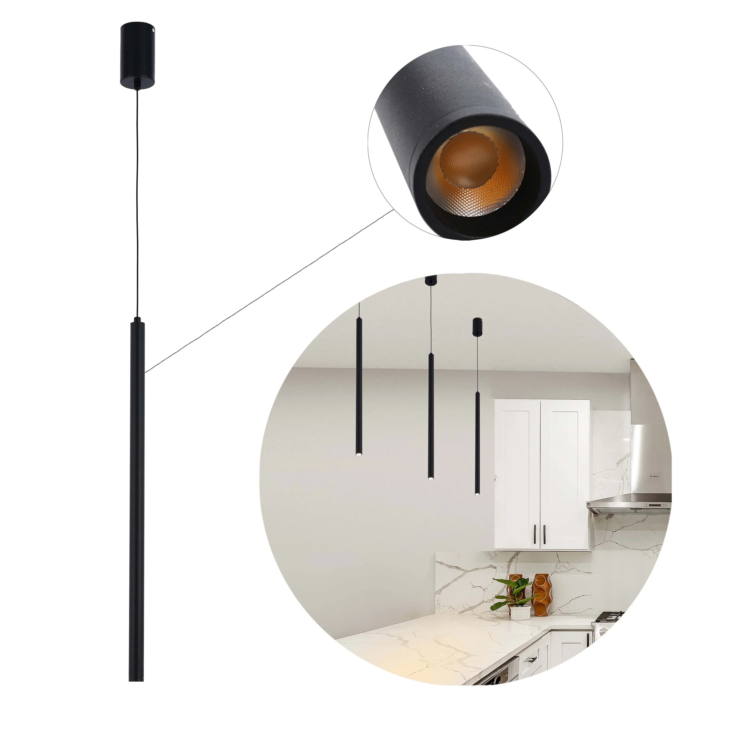 A stylish black pendant light with a cylindrical shade, perfect for modern kitchen lighting.