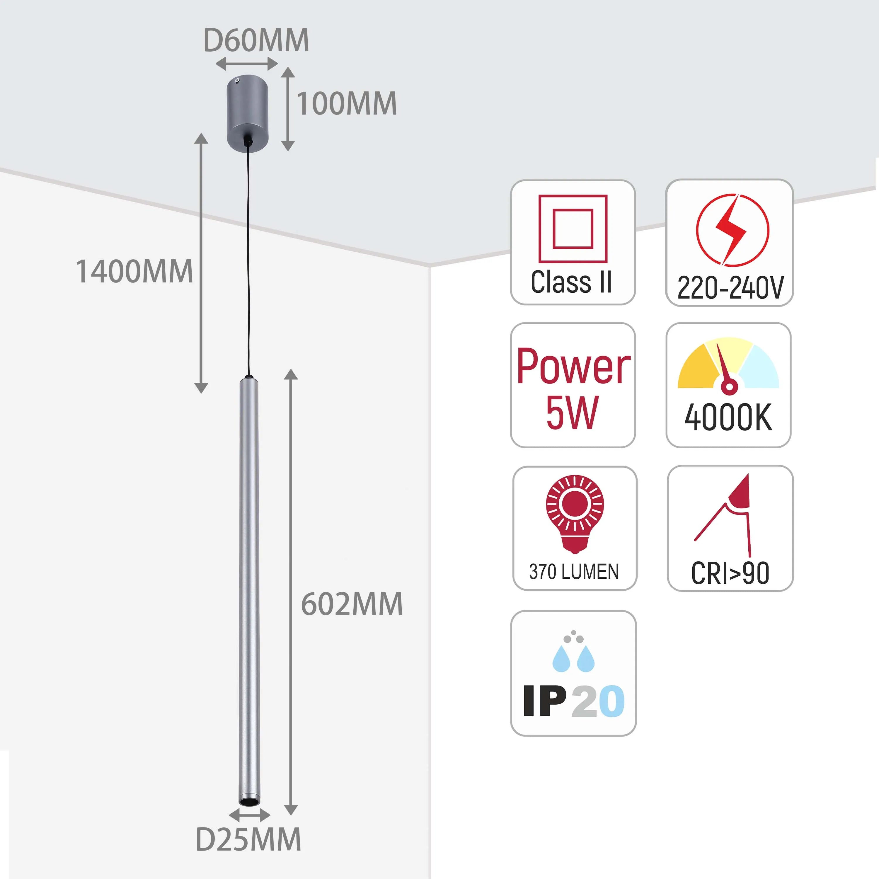 Sleek pendant light dimensions: 1400mm drop, 602mm length, 25mm diameter tube, 60mm diameter ceiling rose. 5W, 370 lumen output.