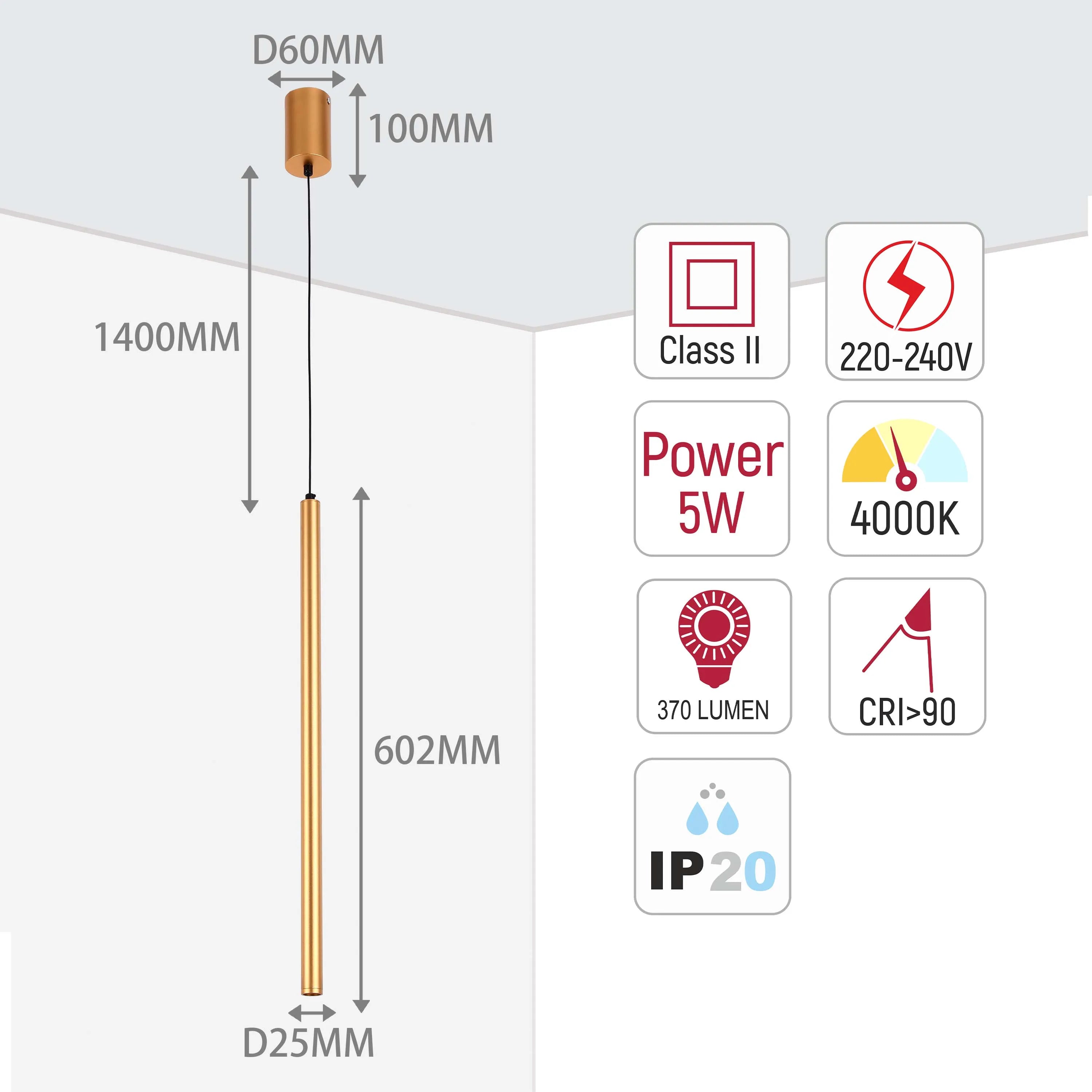 Sleek, modern pendant light dimensions & specs: 1400mm drop, 5W power, 4000K colour temperature, and 370 lumen output.