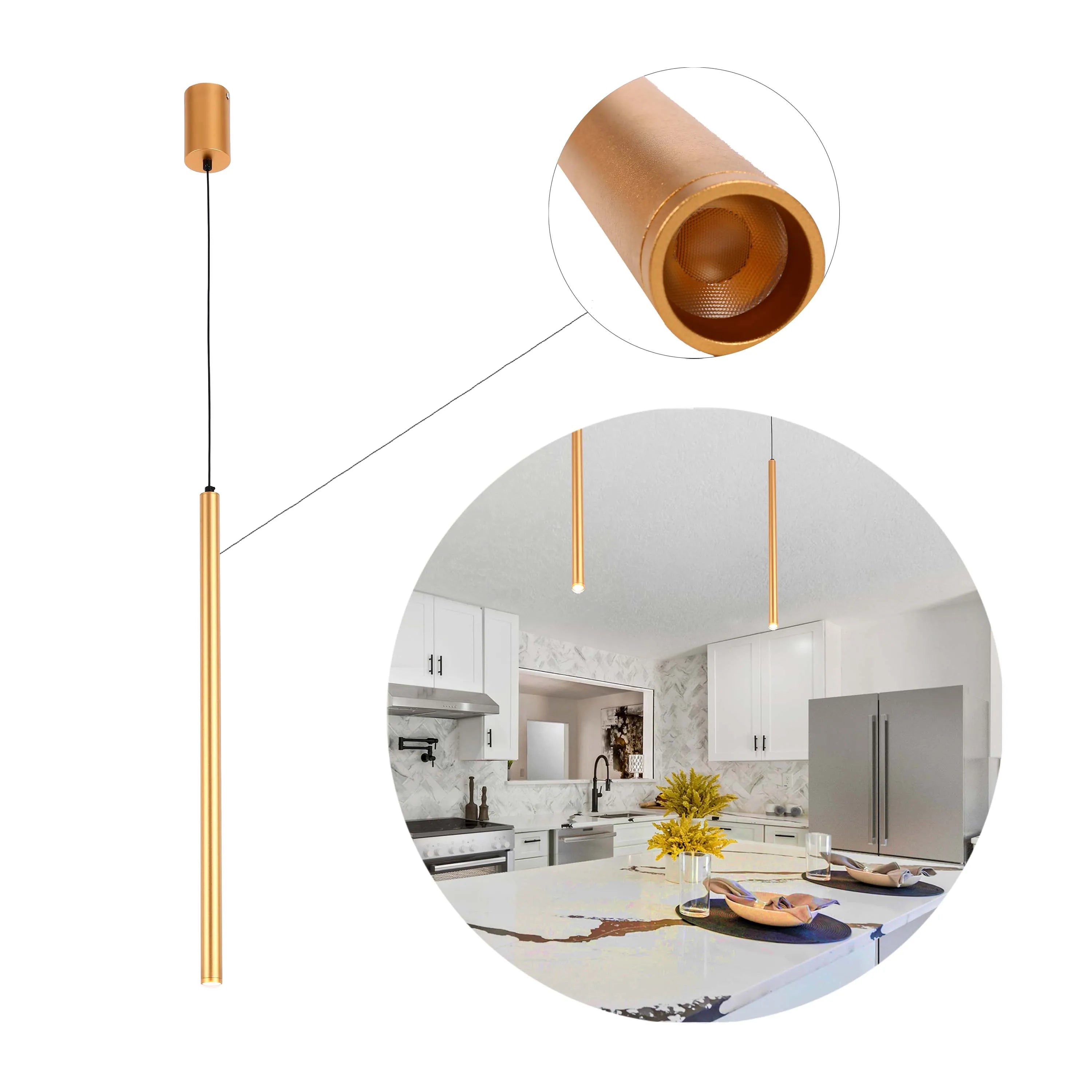 Modern, gold-toned, cylindrical pendant lights hang above a kitchen island, creating a sleek and contemporary look.