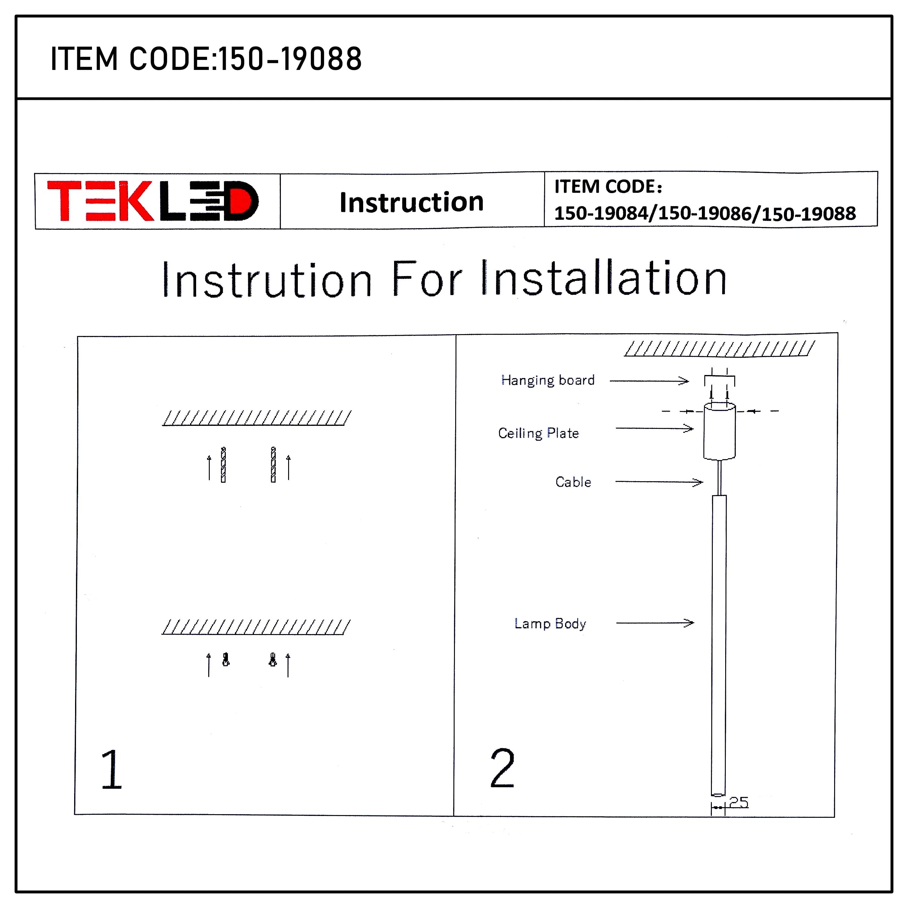 A diagram displaying instructions for fitting a hanging light fixture with ceiling plate, cable and lamp body.