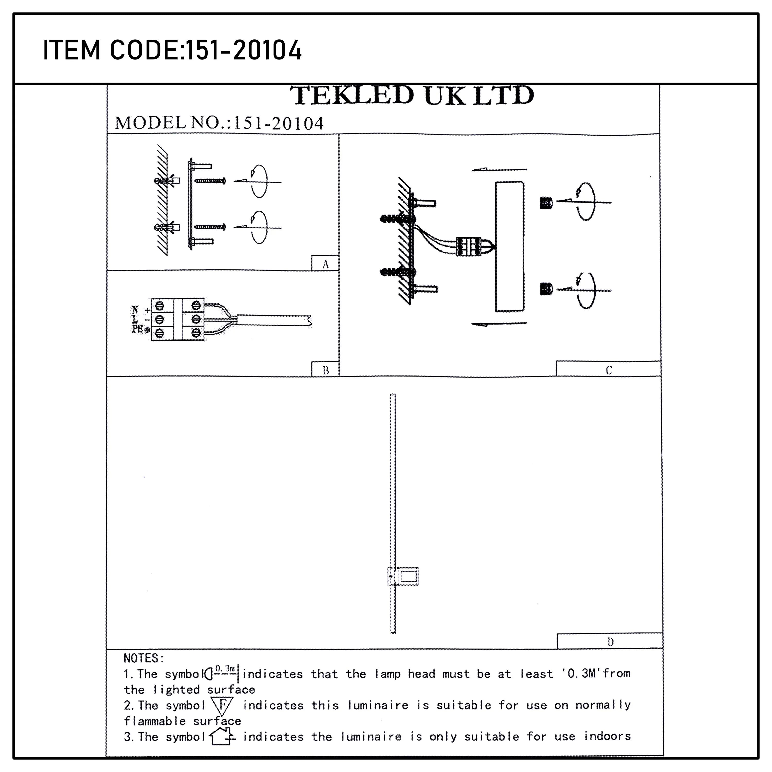 Technical drawing of a TEKLED UK LTD light fitting, model no. 151-20104, showing installation and safety information.