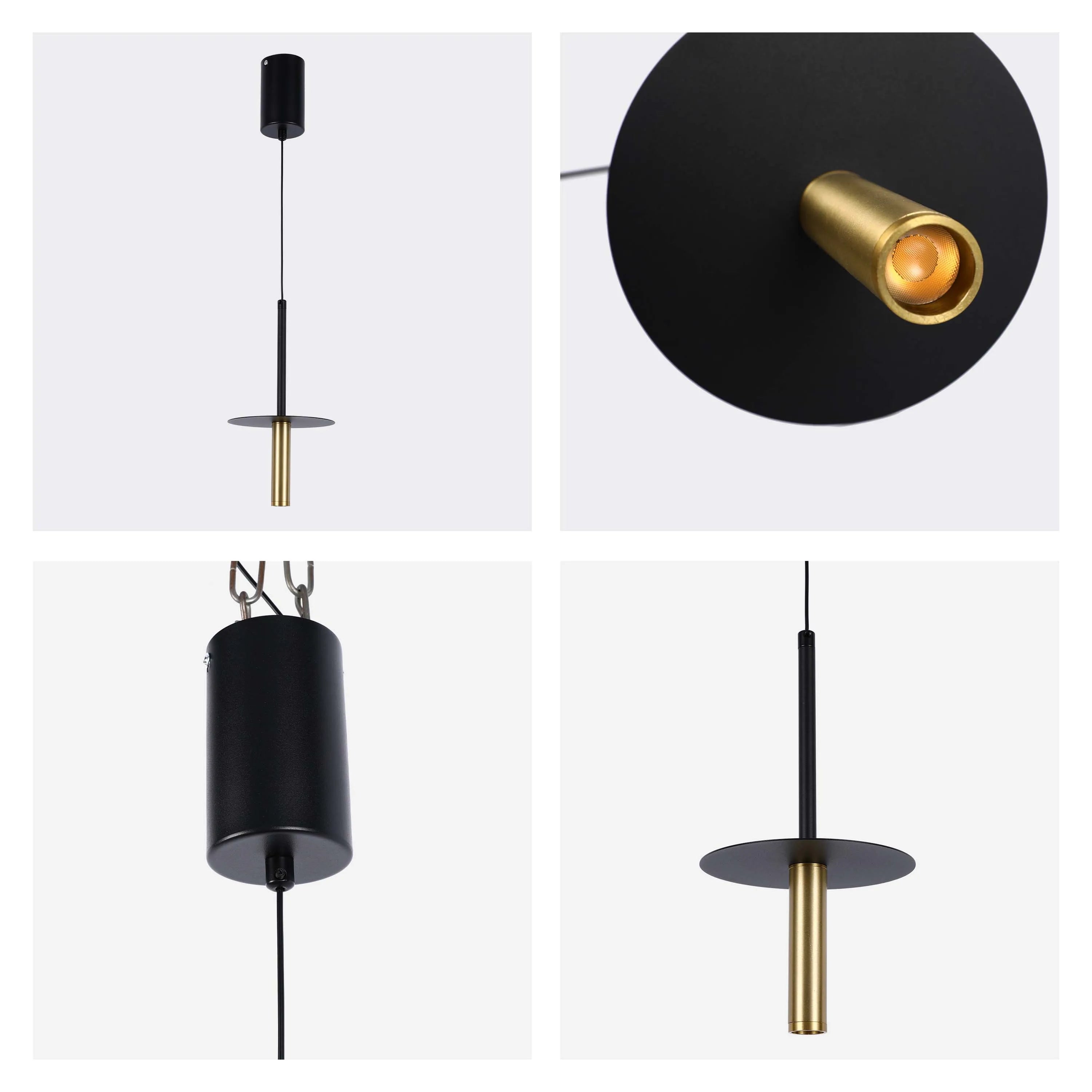 A modern black and gold pendant light, displayed from multiple angles.