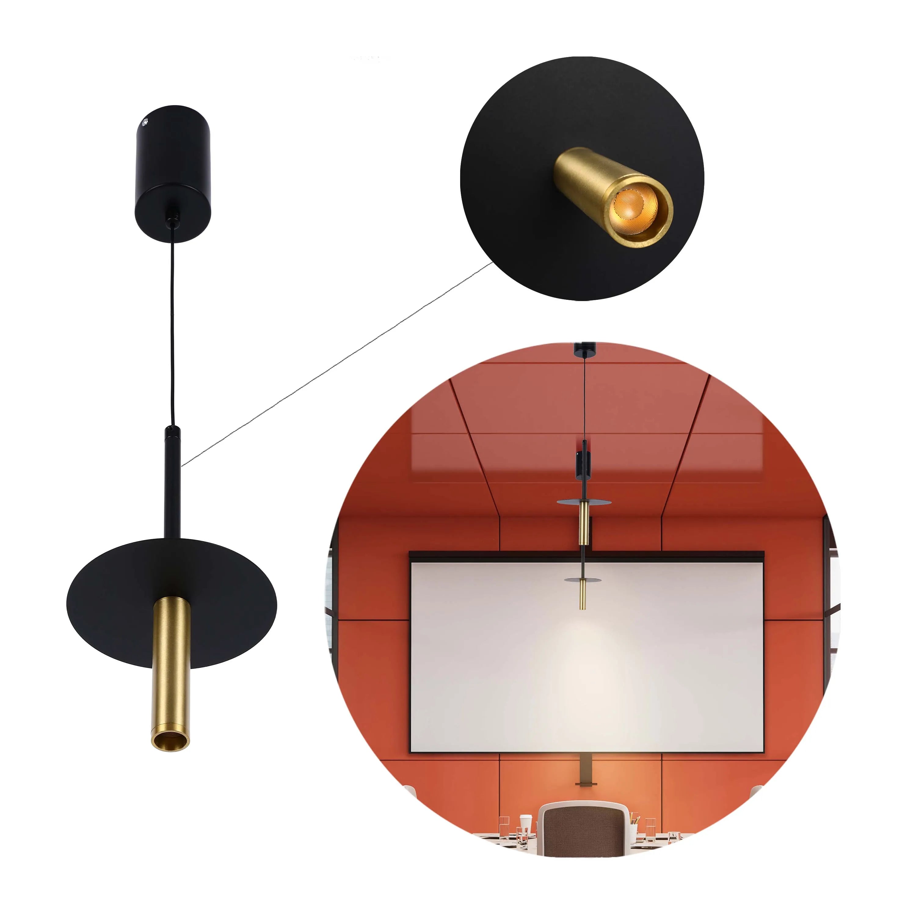 A modern hanging light fixture with black and gold elements, displayed in an office setting.