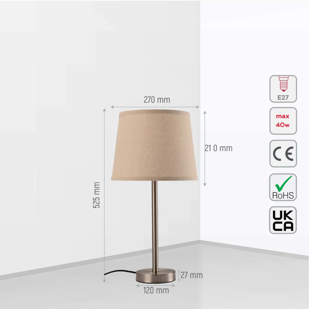 Size and tech specs of Minmalist Table Lamp Nickel Flaxen | TEKLED 130-03638