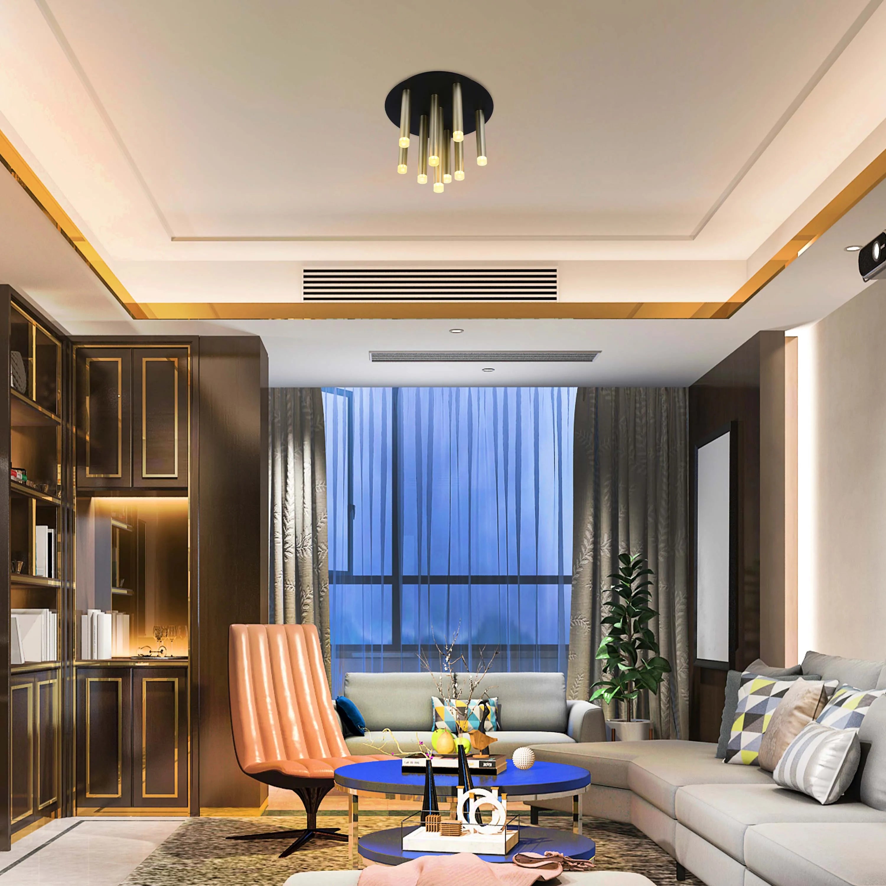 The room features a sleek, modern ceiling light fitting with multiple illuminated tubes, complemented by concealed ambient lighting.