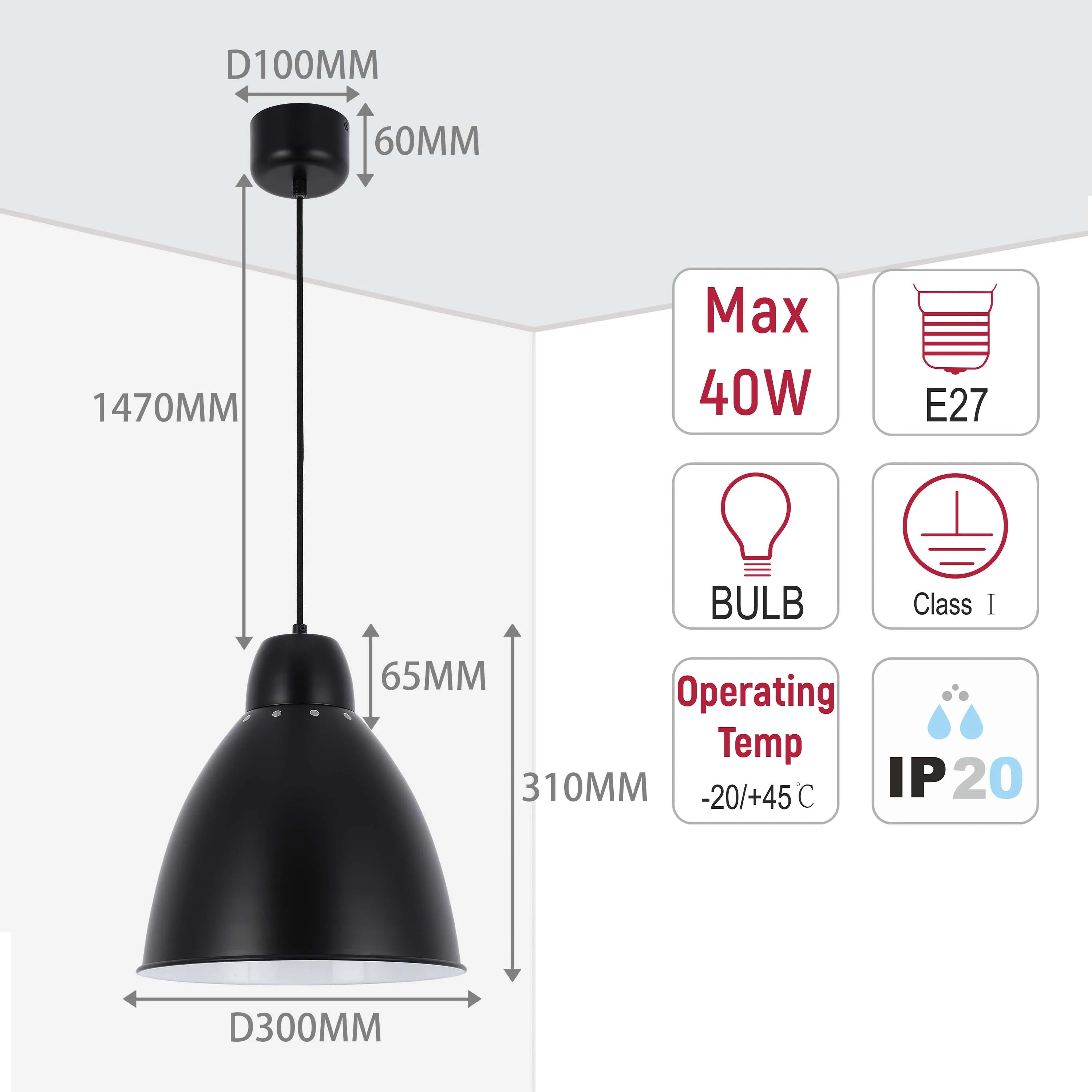 A black pendant light fixture with dimensions and specifications labelled, suitable for indoor use.