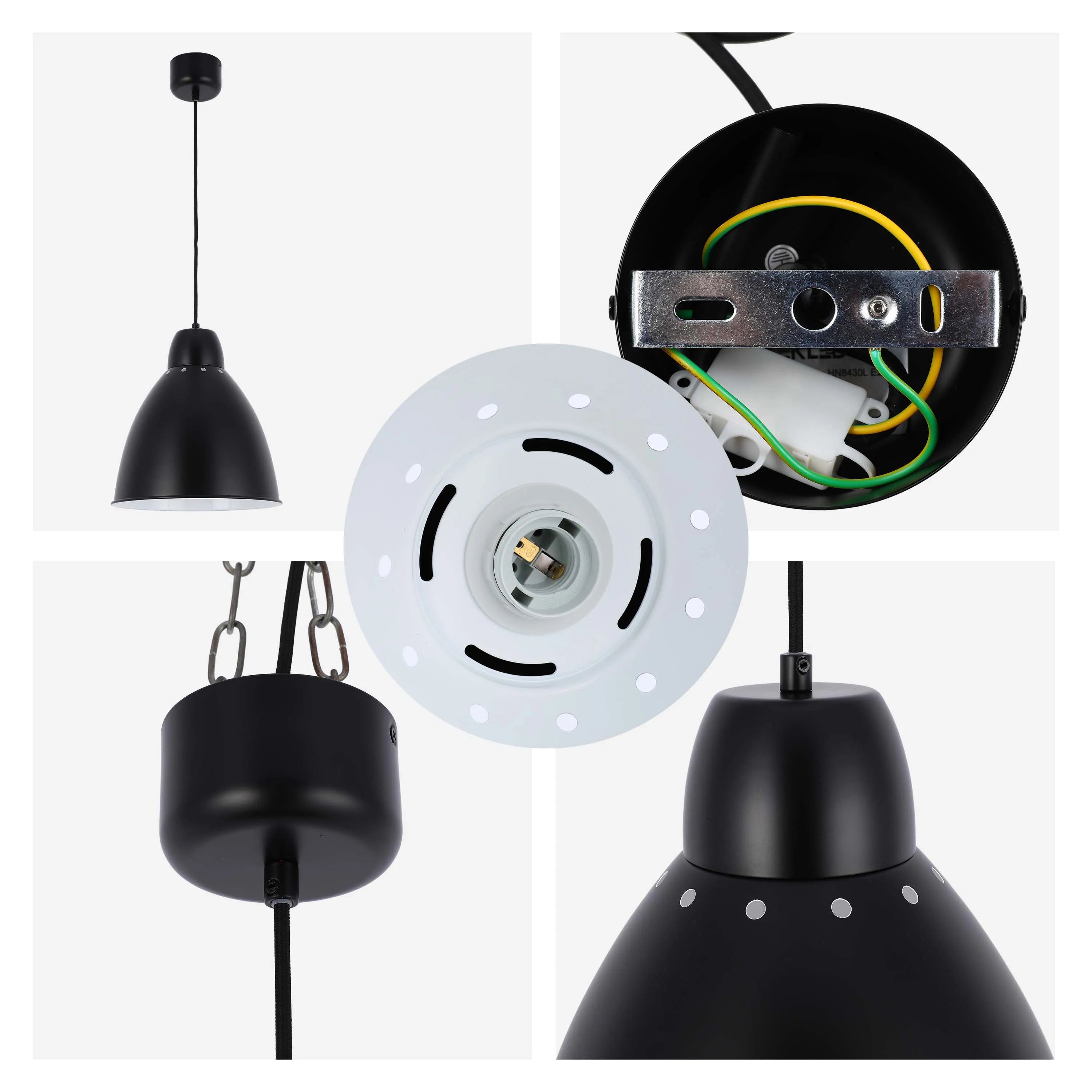 A black pendant light with a simple, modern design. It's suspended by a cord from a ceiling rose.