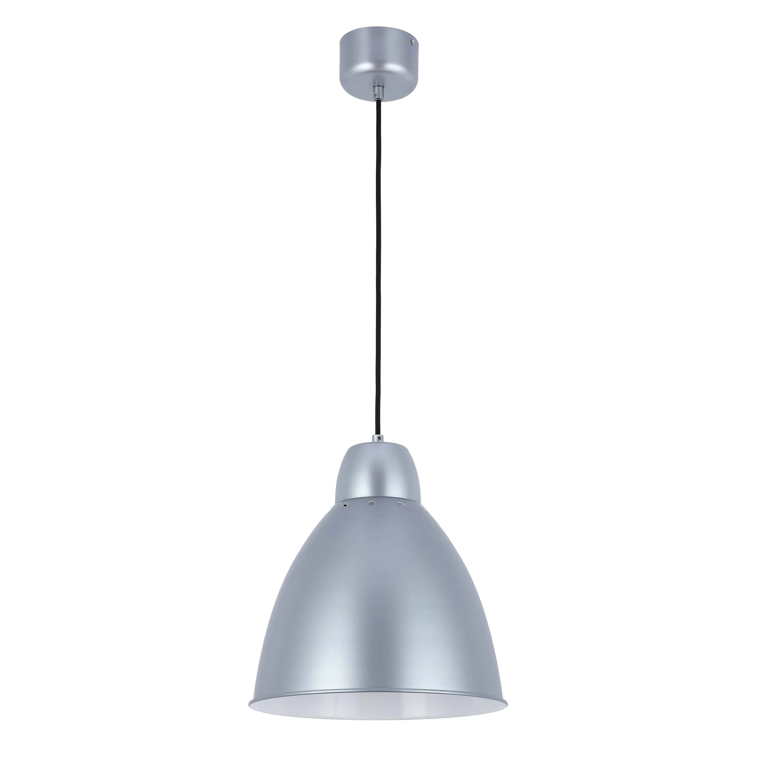 Modern, silver pendant light with a simple, industrial design. Adds a contemporary touch to any interior.