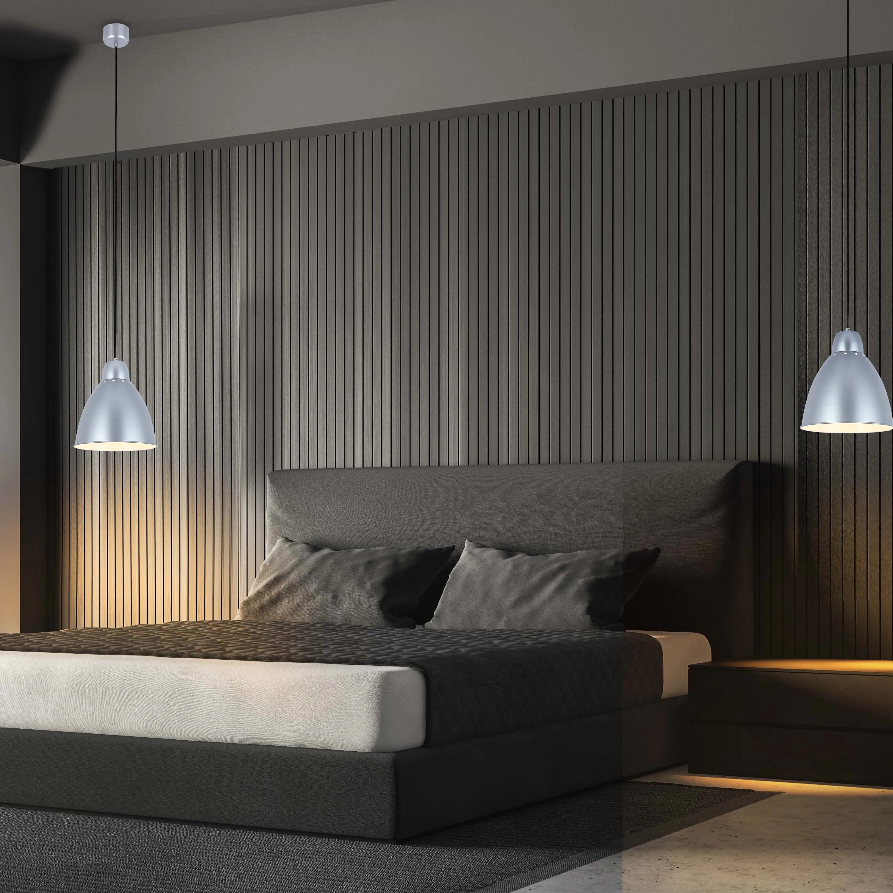 Bedroom with two pendant lights. Creates a warm, inviting mood. Perfect for modern interiors, they add ambience to the room.