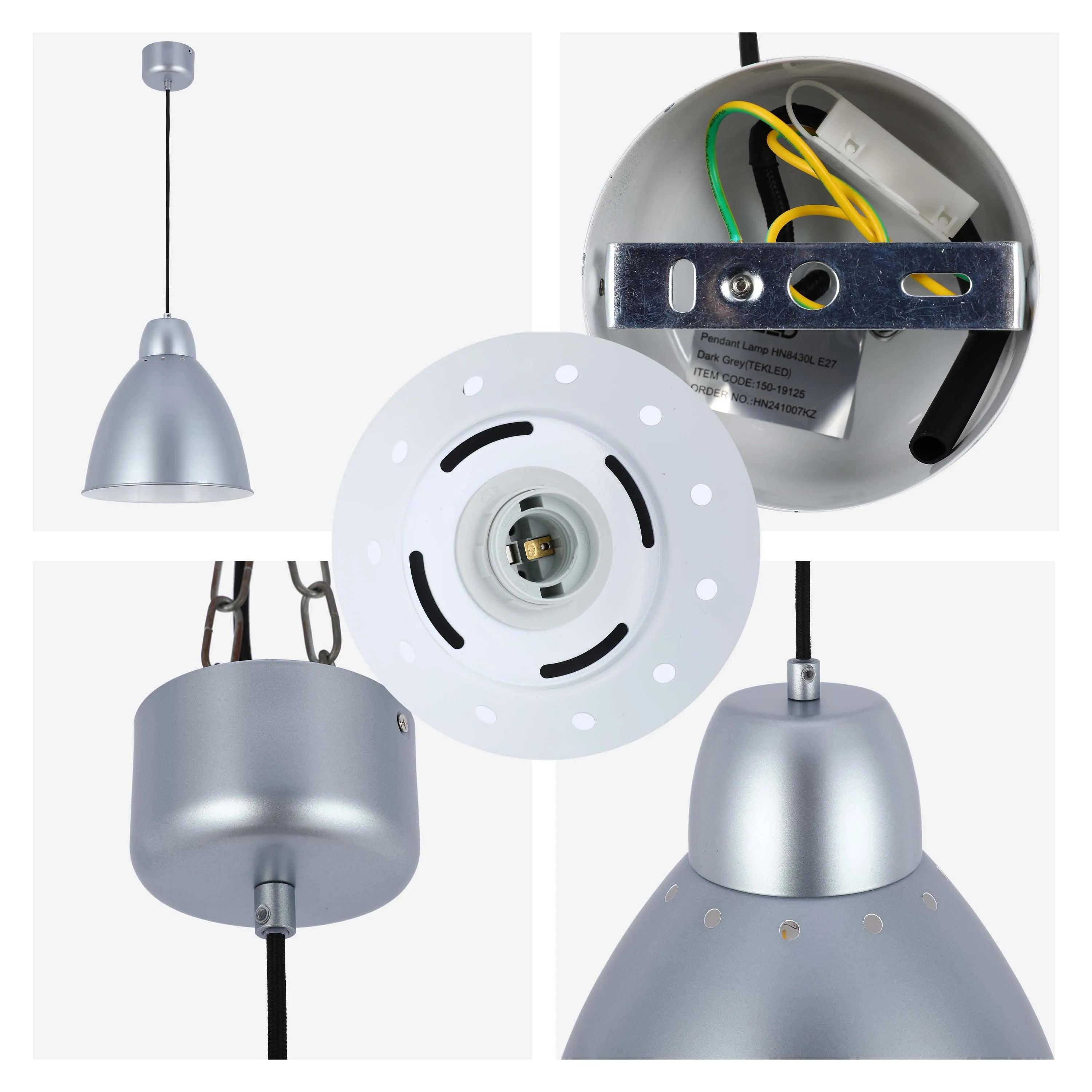 Dark grey pendant light with a dome shade, showcasing its modern design and fittings.