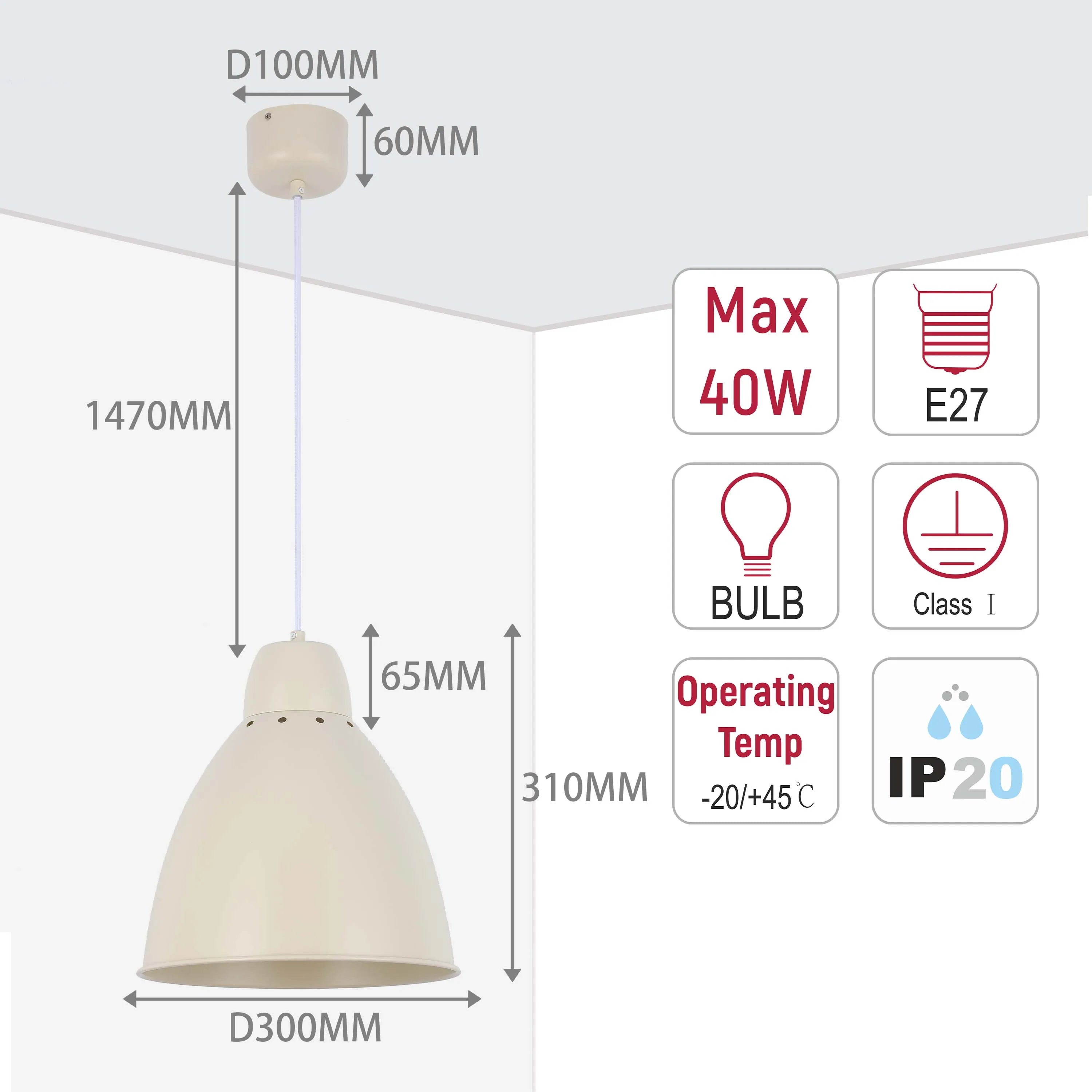 Hanging pendant light with white shade. Includes dimensions and specifications. Max 40W bulb, E27 fitting, IP20 rated.